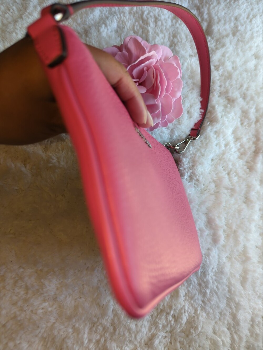 Michael Kors Hot Pink Coral Pebbled Leather Mini Bag With Extension Chain Silver - Picture 3 of 6